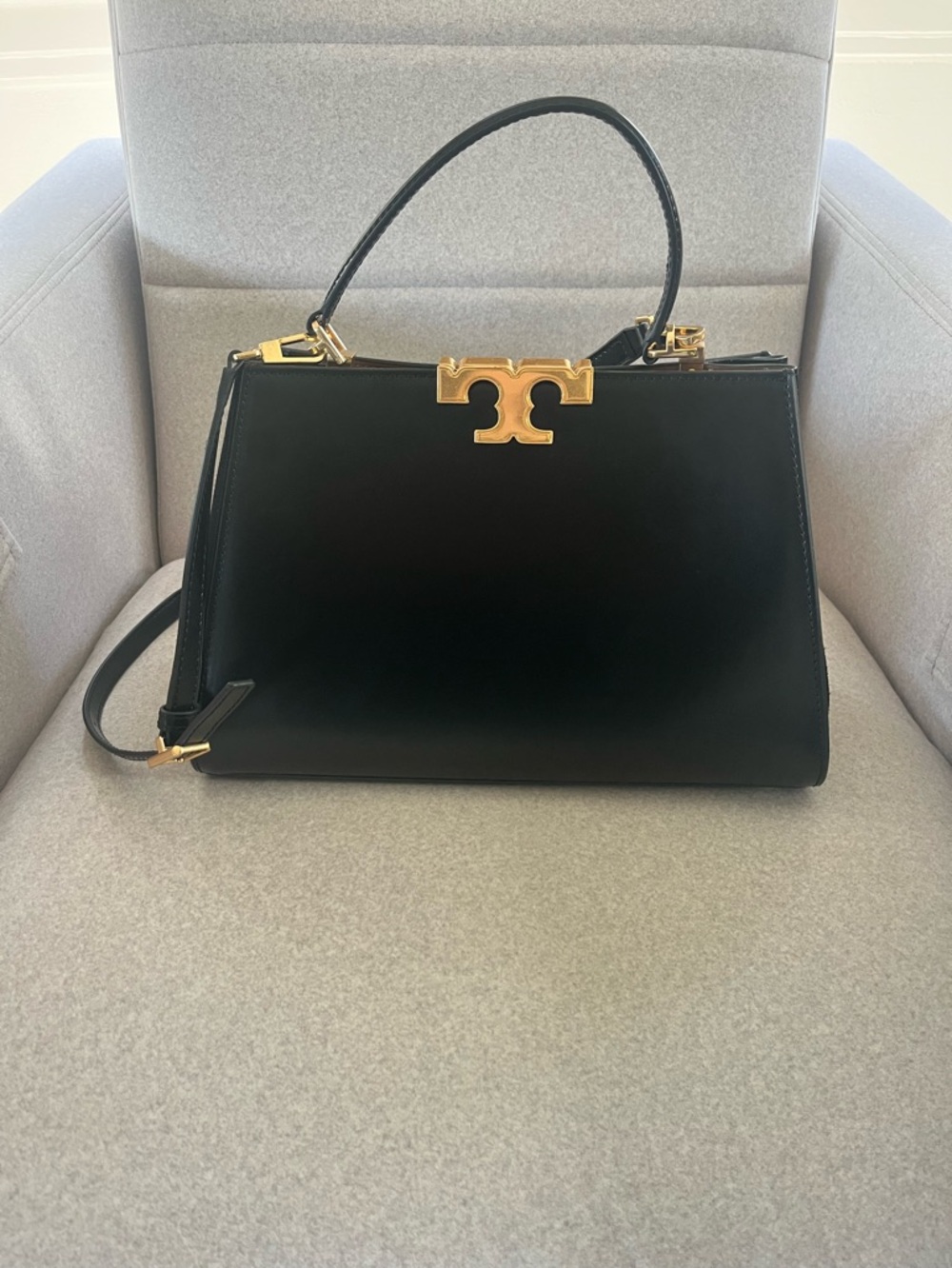 Tory Burch Black Leather Satchel with Gold-Tone Logo